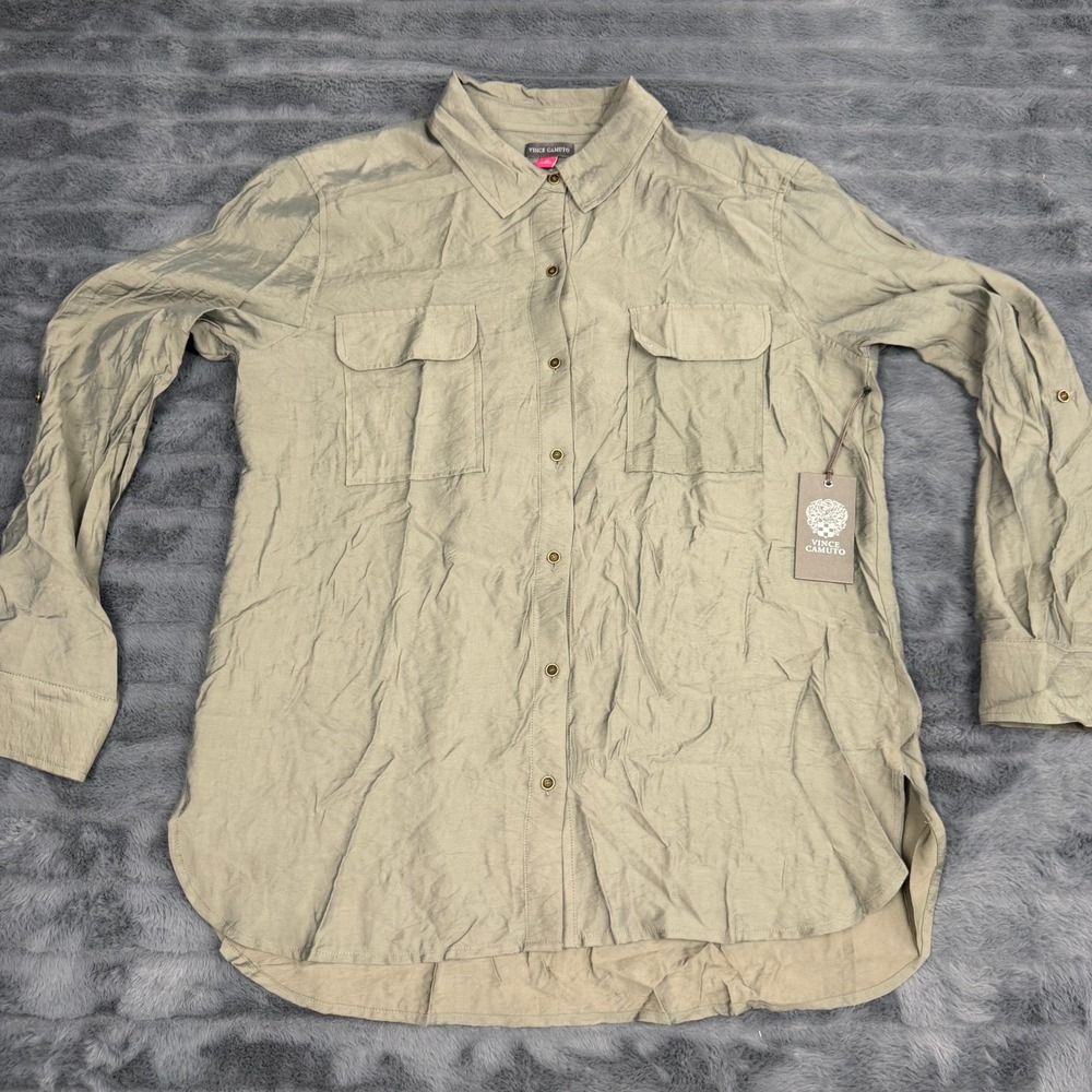 Vince Camuto Essentials Camo Green Utility Button Down Shirt Womens Medium